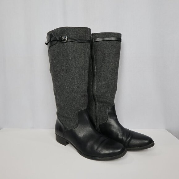 Tommy Hilfiger Black Faux Leather Gray Wool Like Tall Riding Buckle Boots - 9.5 - Picture 6 of 14